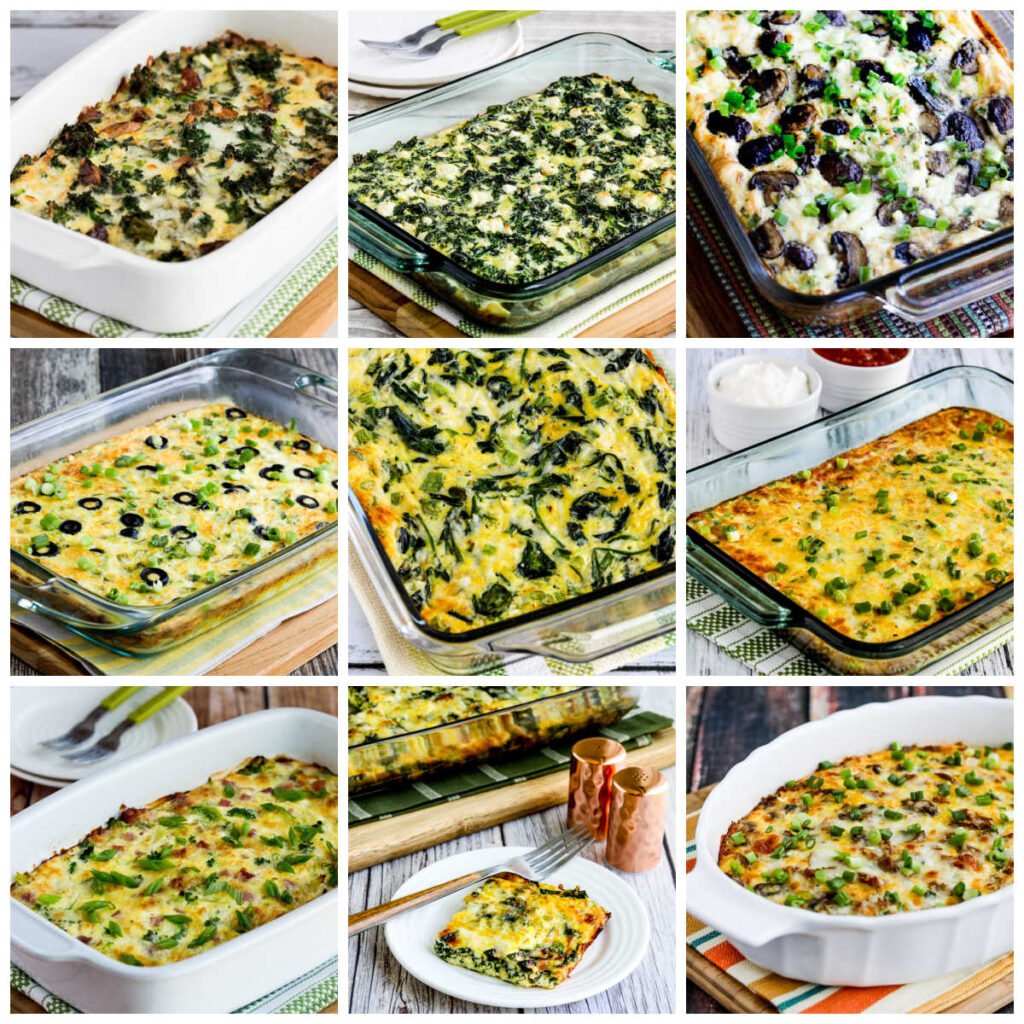 Collage/grid of 9×13 breakfast casseroles: top-left is an egg‑and‑vegetable strata with mushrooms and peppers; top-center shows a vegan eggless casserole topped with tater tots; top-right is a sausage‑hashbrown‑cheddar bake fresh from the oven; bottom-left displays a colorful cheesy egg casserole; bottom-center features a low‑carb veggie bake with mushrooms, peppers, and cheese; bottom-right shows a golden hashbrown crust casserole bubbling with cheese.