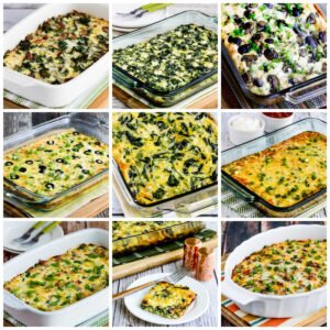 Collage/grid of 9×13 breakfast casseroles: top-left is an egg‑and‑vegetable strata with mushrooms and peppers; top-center shows a vegan eggless casserole topped with tater tots; top-right is a sausage‑hashbrown‑cheddar bake fresh from the oven; bottom-left displays a colorful cheesy egg casserole; bottom-center features a low‑carb veggie bake with mushrooms, peppers, and cheese; bottom-right shows a golden hashbrown crust casserole bubbling with cheese.