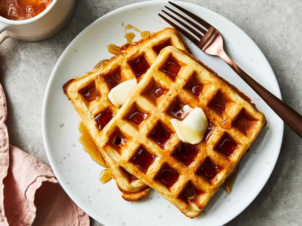 A stack of golden-brown round waffles on a white plate, topped with a pat of butter and drizzled with maple syrup, with fresh strawberries and blueberries placed around the edges.