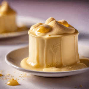 Single-serving custard ramekin topped with piped whipped cream, showcasing a smooth, pale yellow surface and elegant swirl.