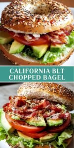 “Toasted everything bagel cut in half and spread with chive‑onion cream cheese, filled with a chunky chopped mixture of crisp bacon, diced tomato, avocado, and romaine lettuce.