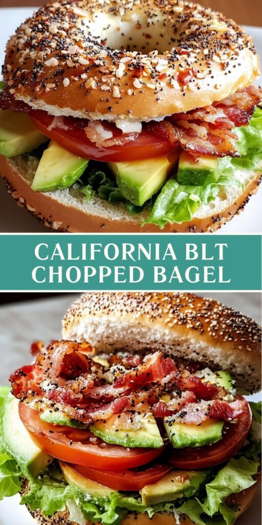 “Toasted everything bagel cut in half and spread with chive‑onion cream cheese, filled with a chunky chopped mixture of crisp bacon, diced tomato, avocado, and romaine lettuce.