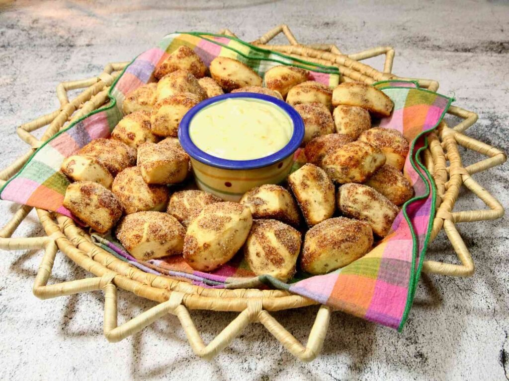 A napkin-lined basket heaped with round cinnamon roll bites dusted in cinnamon sugar, centered around a small bowl of dipping sauce—warm, inviting, and ready to enjoy