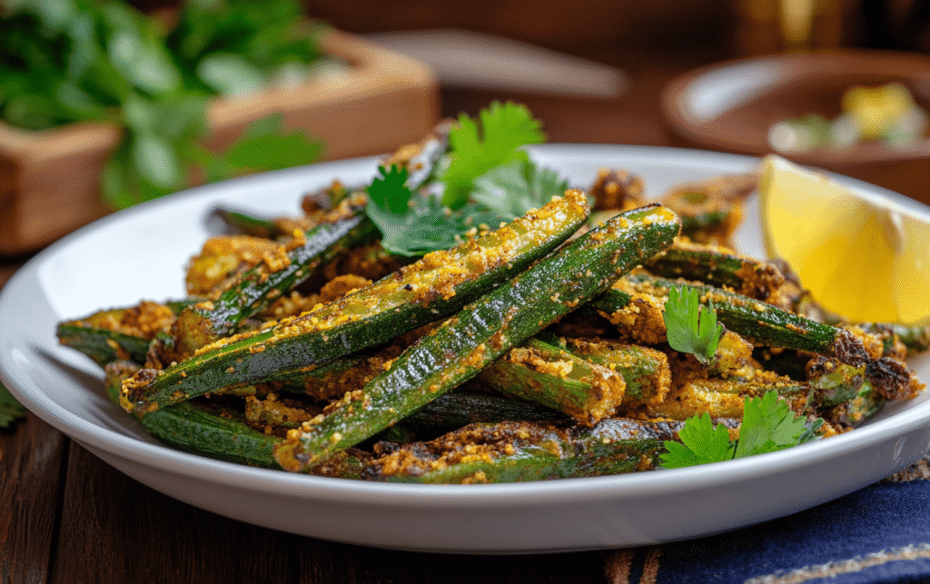 Long slender okra slices coated in a spiced batter, deep‑fried until golden brown with a crunchy texture, served in a white bowl and garnished with fresh herbs. (From a Crispy Spiced Okra recipe)