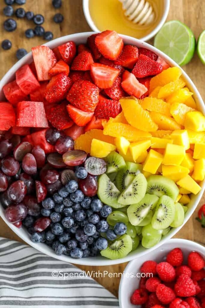 Overhead view of a white bowl filled with diced watermelon, pineapple, berries, and kiwi sprinkled with fresh mint.”