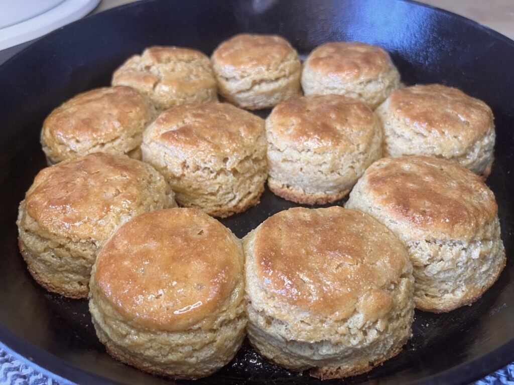 “A cast‑iron skillet brimming with round, buttery biscuits, each golden‑topped and perfect for tearing open.”