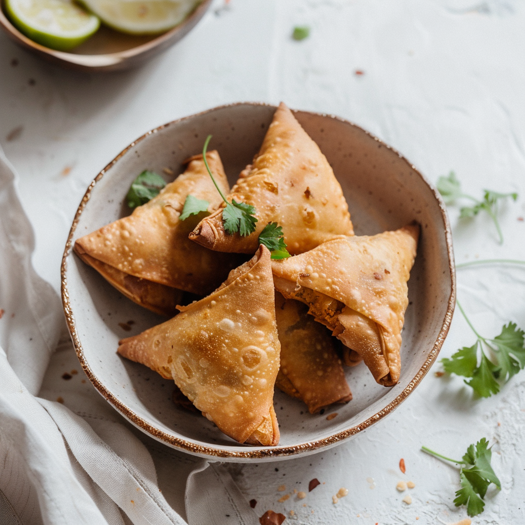 Triangular golden potato samosas nestled in a paper pouch, with a bowl of red chutney alongside.