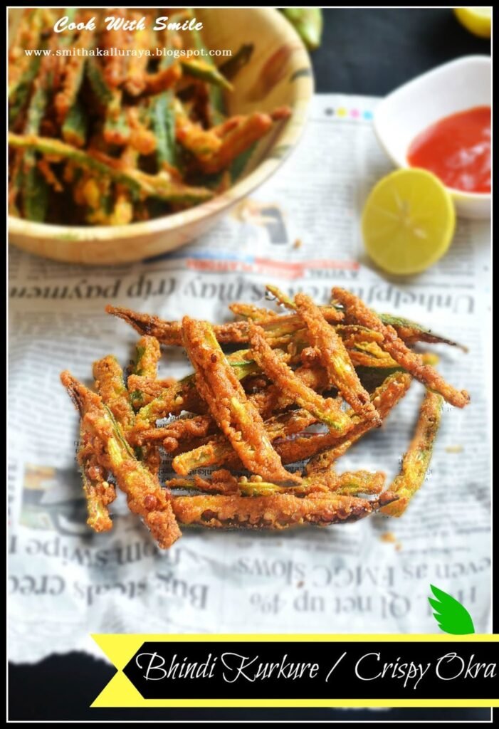 Close-up of golden‑brown crispy okra strips in a bowl, coated with gram flour and spices.