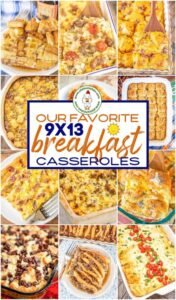 Assorted breakfast casseroles in 9x13 dishes on a rustic wooden table