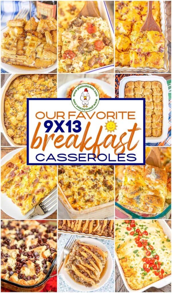 Assorted breakfast casseroles in 9x13 dishes on a rustic wooden table