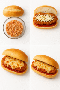 Step-by-step preparation of Chicken Parmesan Sub Sandwich showing breading, frying, sauce layering, and final cheesy sandwich.