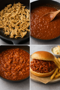 Juicy Pulled Chicken Sloppy Joe served on a toasted bun with coleslaw