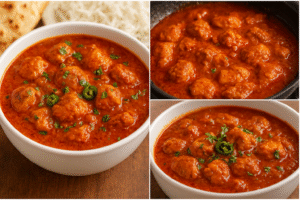 Garnished Indian chicken curry topped with fresh coriander and chili slices.