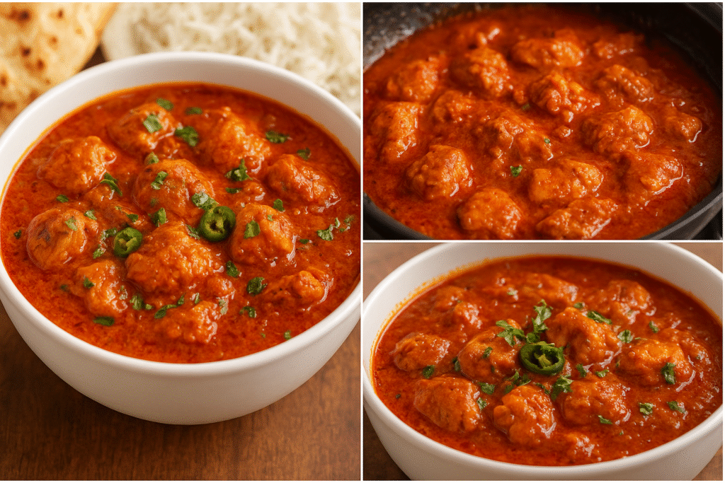 Authentic Indian chicken curry served in a bowl with naan and rice on the side.