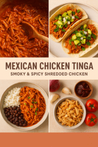 Fresh ingredients for Chicken Tinga – tomatoes, chipotle, garlic, onions, and shredded chicken.