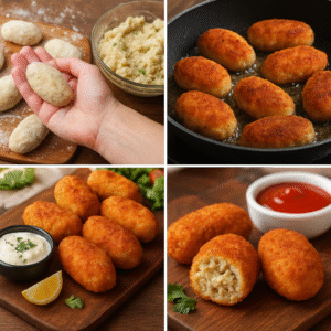 Close-up of crispy Pan Fried Chicken Croquettes showing creamy chicken filling inside.