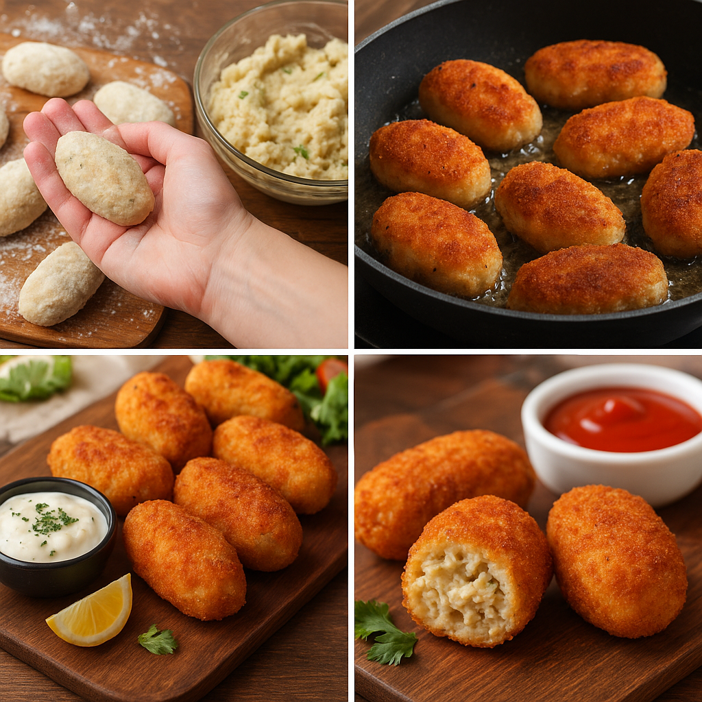 Golden-brown Pan Fried Chicken Croquettes served with ketchup and mint chutney.”