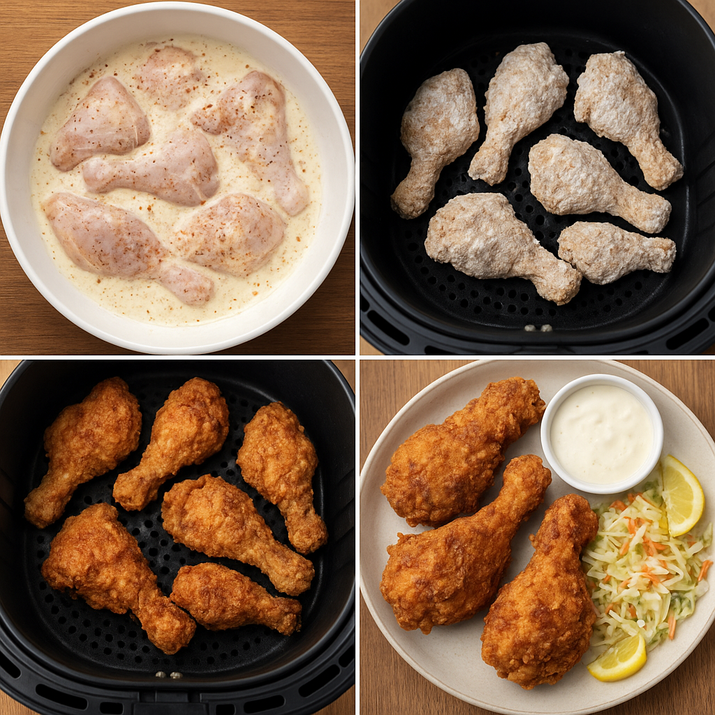 “Crispy air-fried chicken served on a plate with coleslaw and dipping sauce.”