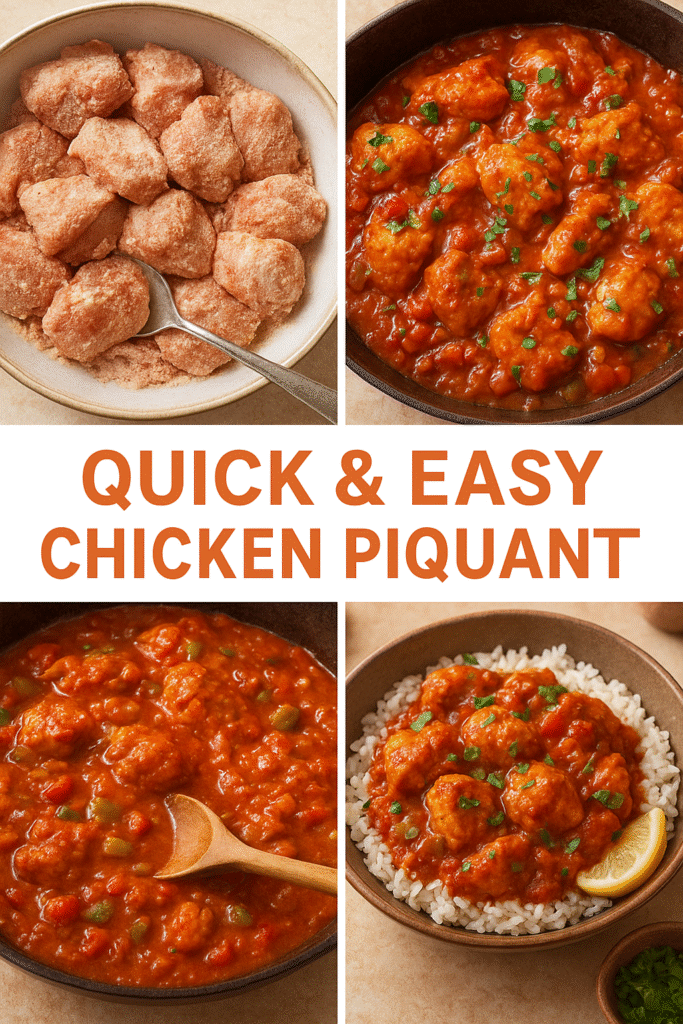 Chicken Piquant — spicy tomato-based chicken dish served over white rice with parsley garnish.