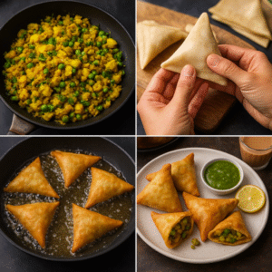 Plated veggie samosas with sauces, ready to enjoy