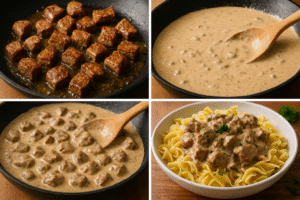 Creamy Beef Tips served over egg noodles, garnished with parsley