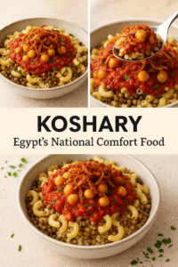 A beautifully plated serving of Koshary topped with chickpeas, onions, and fresh parsley, ready to be served.
