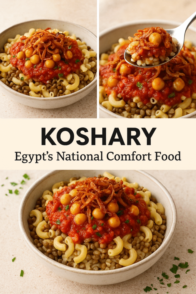 A beautifully plated serving of Koshary topped with chickpeas, onions, and fresh parsley, ready to be served.