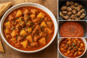 : Close-up of spoonful Chtitha Batata showing thick, rich tomato sauce and soft potatoes.