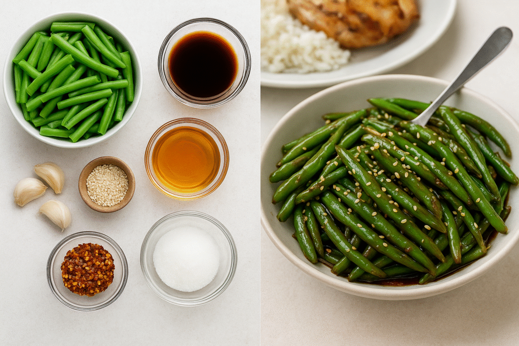 "Tasty green bean side dish with sweet-savory sauce served with rice and grilled chicken
