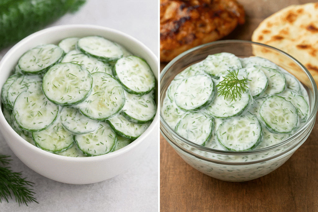 Collage of creamy cucumber salad with dill – refreshing summer salad and healthy side dish idea
