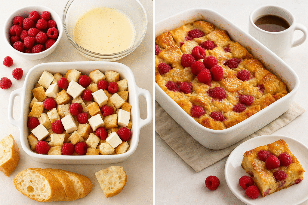 "Raspberry Cream Cheese French Toast Casserole collage with ingredients and layered baking dish"