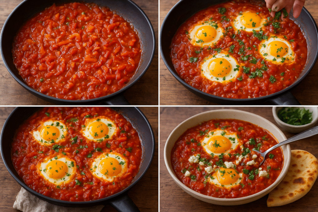 Close-up of freshly cooked Shakshuka with runny yolks and vibrant red tomato sauce