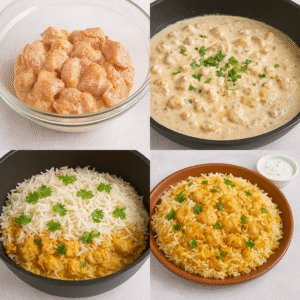 A collage showing the step-by-step preparation of Achari Pilao – cooking masala, adding meat, layering rice, and garnishing with fried onions.