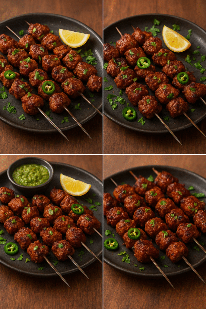 A collage of four close-up images showcasing juicy, tender Spicy Beef Bihari Boti Skewers being grilled over charcoal, brushed with butter, and served on a plate with naan, sliced onions, lemon wedges, and mint chutney — highlighting smoky Pakistani BBQ flavors.