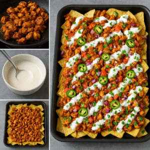 Collage showing step-by-step prep: cooking masala chicken, making raita, layering nachos with toppings, and final loaded nachos tray.