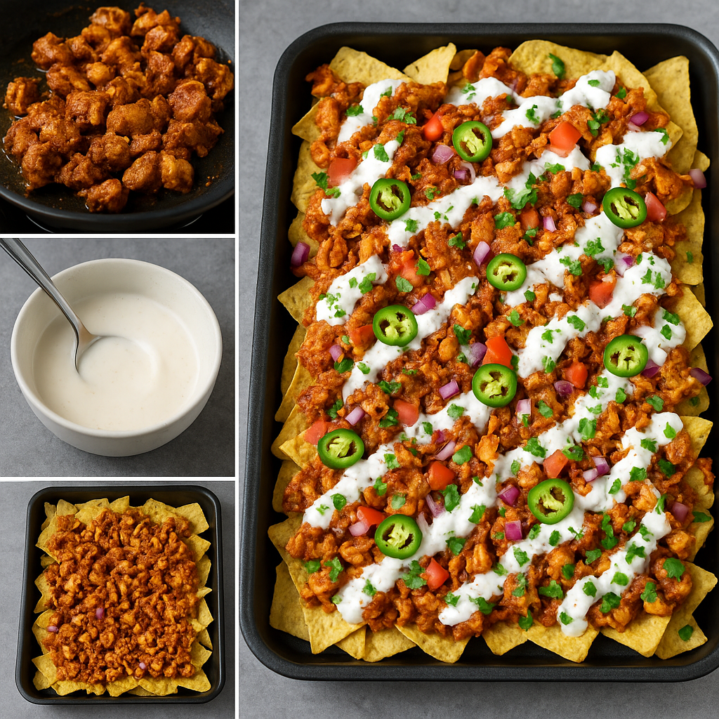 A tray of Desi-style loaded chicken nachos topped with spicy masala chicken, chopped veggies, jalapeños, and creamy yogurt raita drizzle.