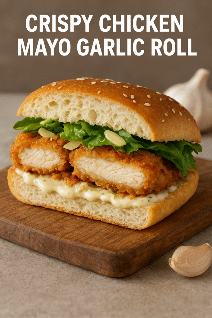 Crispy Chicken Mayo Garlic Roll on a wooden board, filled with golden fried chicken, creamy garlic mayo, and fresh lettuce, showcasing a delicious Pakistani street-style snack.