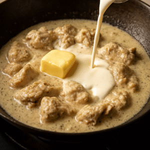 Fresh cream and butter being stirred into the karahi to create a smooth texture.