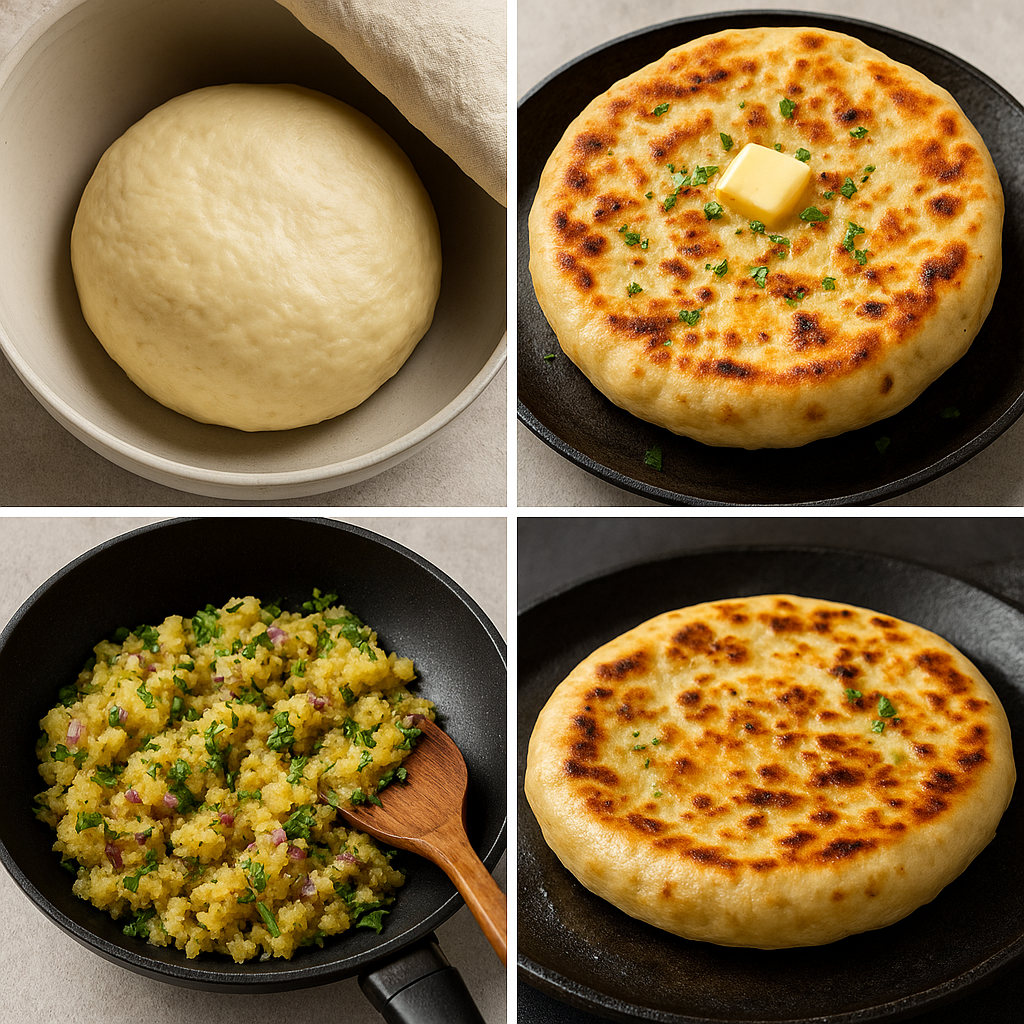 A collage showing stuffed aloo naan being prepared: dough resting, spiced potato filling in a pan, and naan cooking until golden with butter on top.
