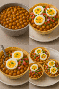 A 4-step collage of Anda Chana Chaat Bowls – chickpeas preparation, tortilla bowl filling, egg topping, and final serving presentation.