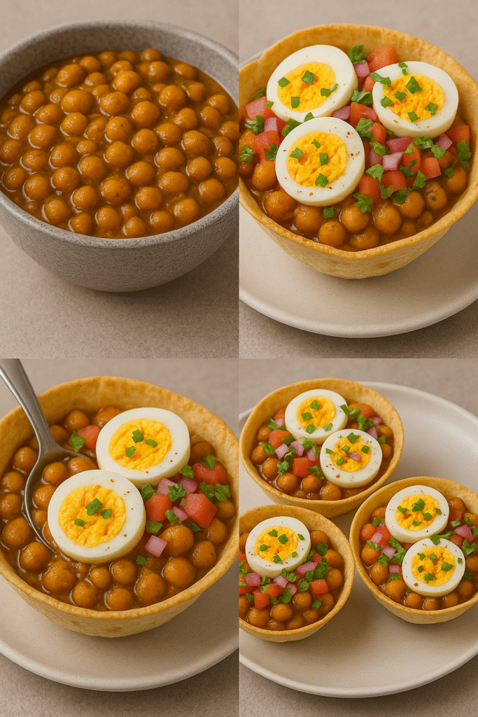 Anda Chana Chaat served in tortilla bowls, topped with boiled eggs, tomatoes, and herbs – a colorful and nutritious street-style snack.