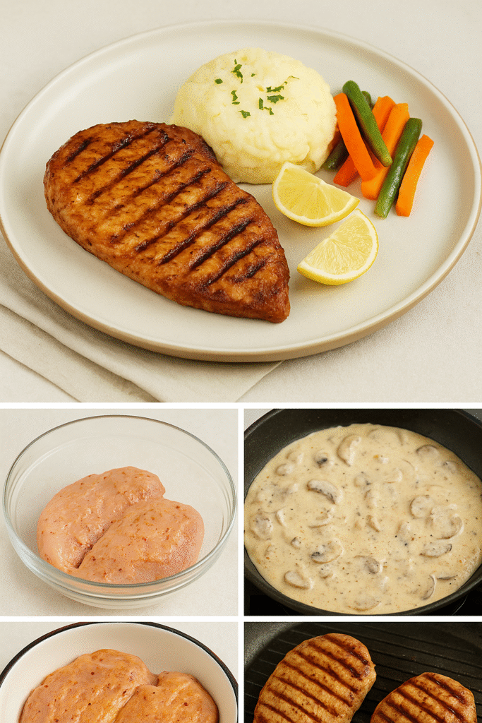 : Grilled chicken steak with creamy mushroom sauce, mashed potatoes, and sautéed vegetables.