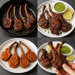 A 4-step collage showing the making of smoky lamb chops – from marination to grilling to final garnish.

