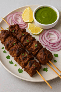 : Juicy Spicy Beef Bihari Boti Skewers served with green chutney, lemon wedges, and onion rings on a white plate
