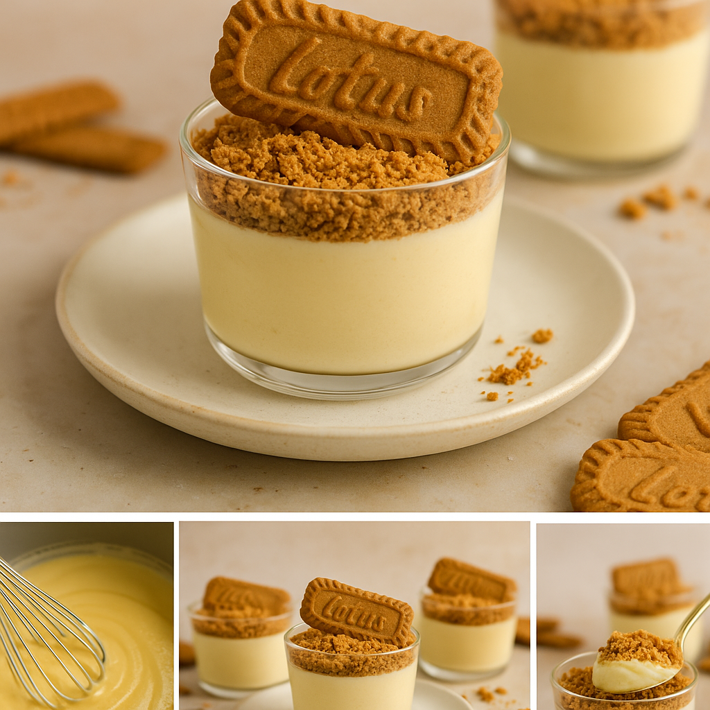 Biscoff custard dessert in glass cups with cookie crumbles on top.