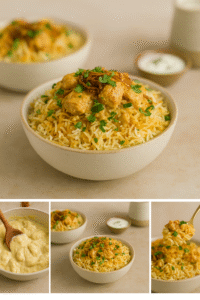 Close-up of creamy malai biryani with visible spices and saffron tint.