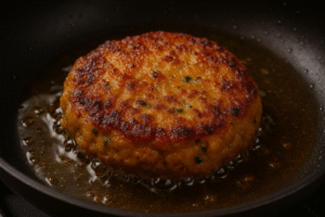 	“Golden brown chicken patty sizzling in oil inside a black non-stick pan – perfectly cooked and crisp.”