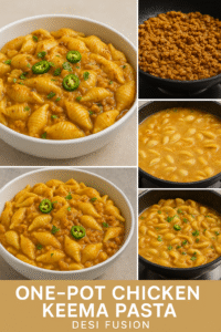  Close-up of one-pot chicken keema pasta topped with coriander and chilies.