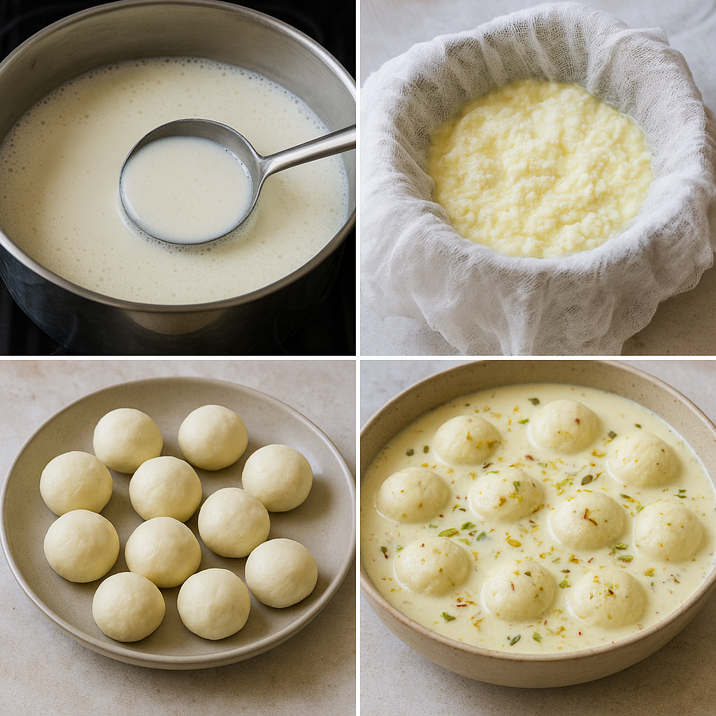 A close-up shot of Ras Malai served in a bowl with thick sweet milk, saffron strands, and chopped pistachios, showing soft, creamy texture.