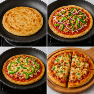 A collage showing the making of masala lachha paratha pizza: cooking the paratha, adding toppings, melting cheese, and final cheesy slice ready to eat.